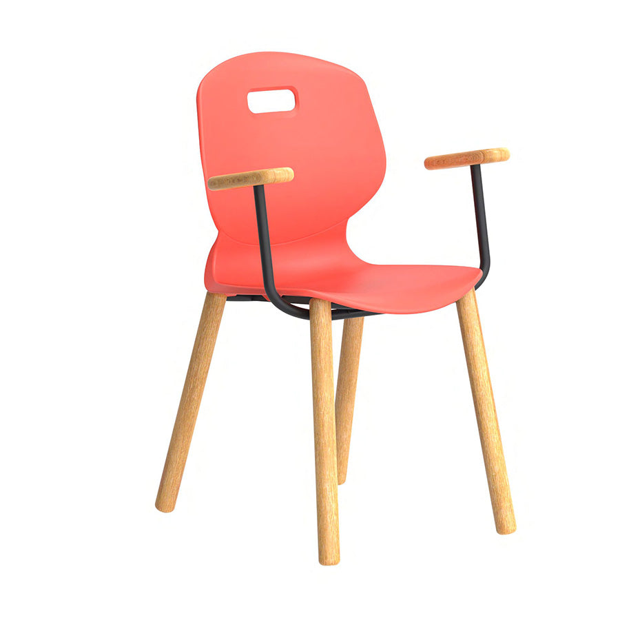 Arc Wooden Four Leg Chair With Arms Coral Front Side View