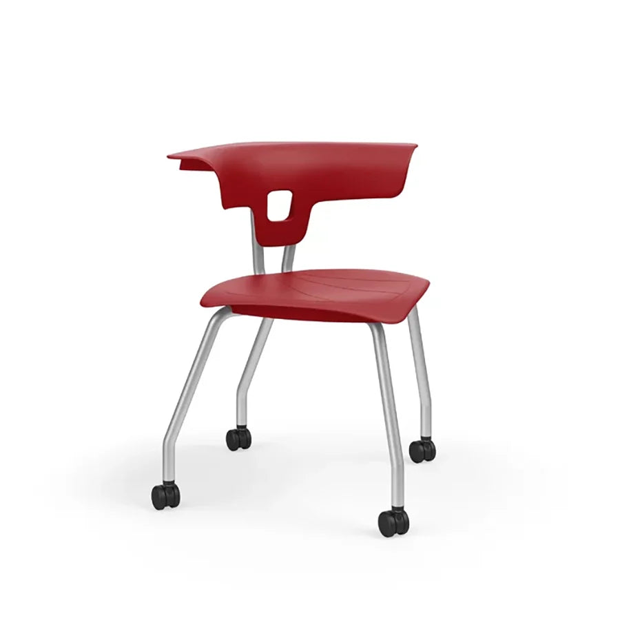 Ruckus 4 Leg Chair with castors chrome frame with poppy red seat and back 1