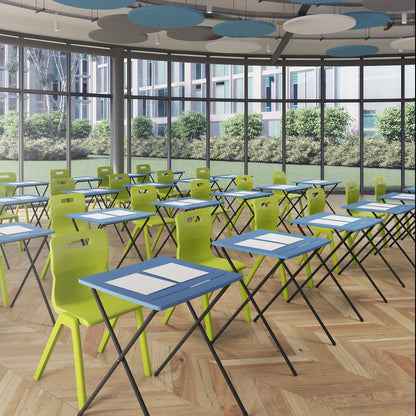 Titan Poly One Piece Chair Lime Green and Plastic Folding Exam Desk Blue Lifestyle Image