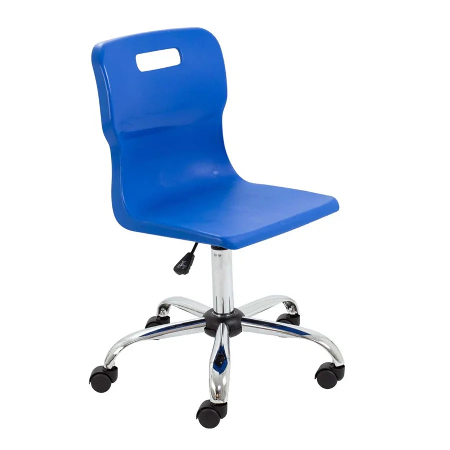 Titan Senior Swivel Chair with Chrome Base on Castors Blue Polypropylene Seat