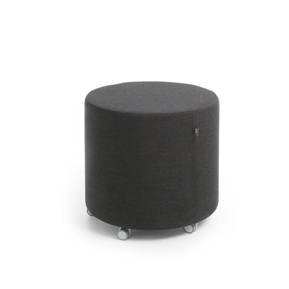 Black cylindrical Point ottoman with wheels on a white background